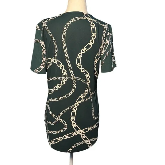 Ann Taylor Elegant Top XS Green White Chain Luxury Print Blouse Short Sleeve - Picture 3 of 11